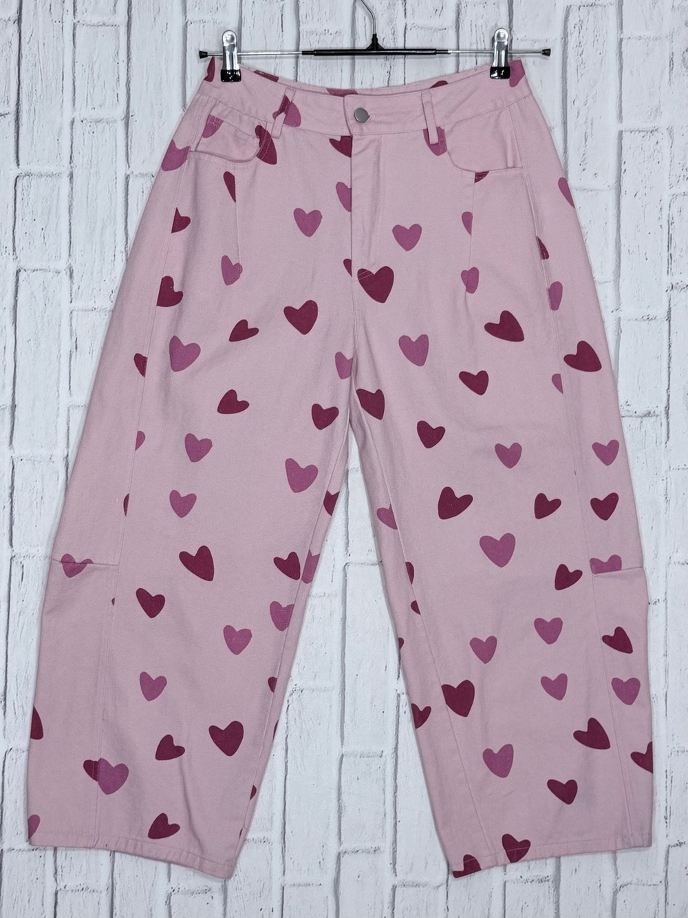💕 BIBI Pink Heart Print Barrel Pants Size Medium 100% Cotton